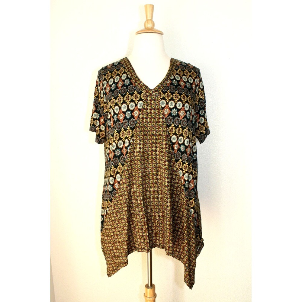 Cottagecore CHELSEA STUDIO Tunic Top Sz 22/24 Multicolor 2 Prints Shaped Hem #03